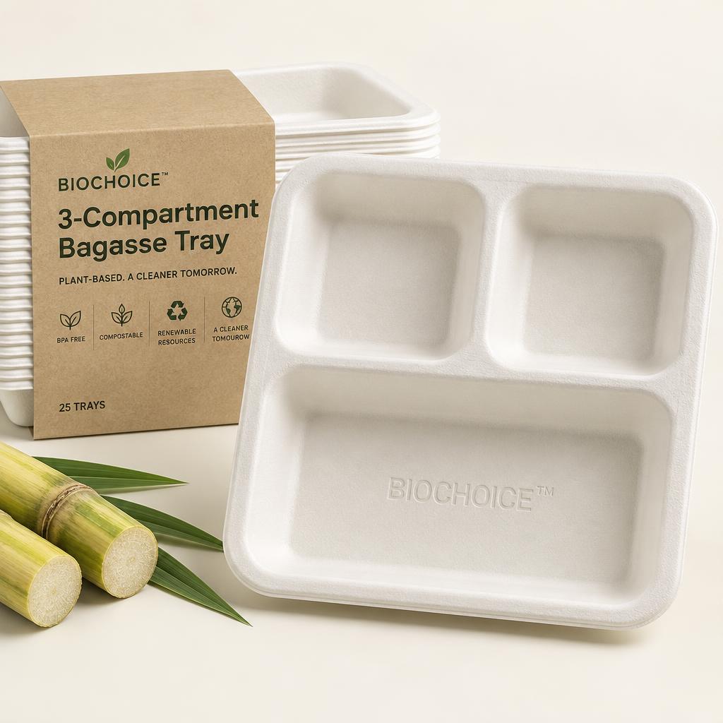 3-Compartment Bagasse Tray